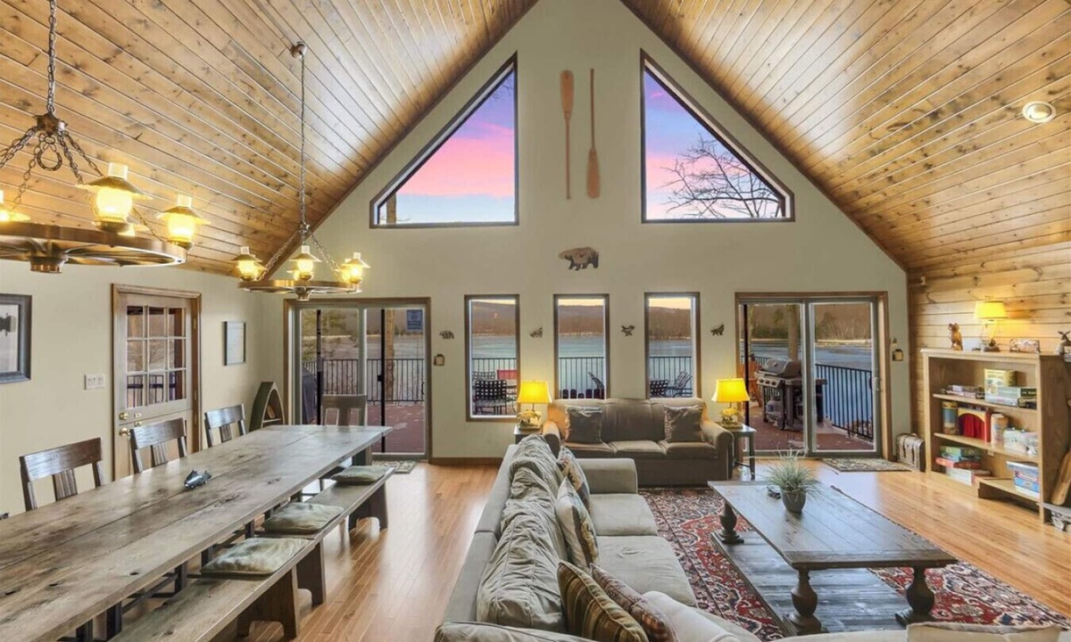 Drums Cabin | Family-friendly lakefront cabin/chalet with incredible views, private beach, lakeside firepit, boats, hot tub, multiple game rooms, and more