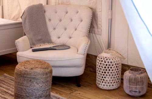 Broadalbin House | Boutique Queen Suite Glamping Tent with Two Queen Beds, Patio Dining, Grill, Pet Friendly in Broadalbin, New York