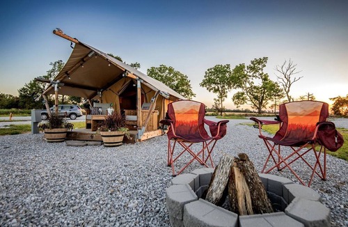 Cassville RV Rental | Comfortable Glamping Tent with Fire Pit and Stream Access Near Mark Twain National Forest in Missouri