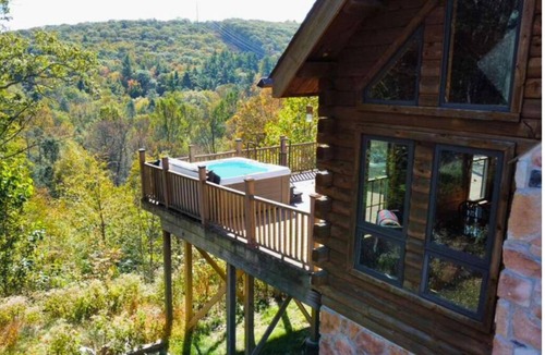 Swiftwater Cabin | Poconos True Log Cabin with Views, Hot Tub & Game Room