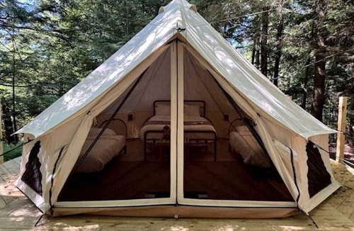 Broadalbin RV Rental | Spacious Group Glamping Site with Safari Tents, BBQ Gazebo, Fire Pits, Forest Trails in Broadalbin, New York
